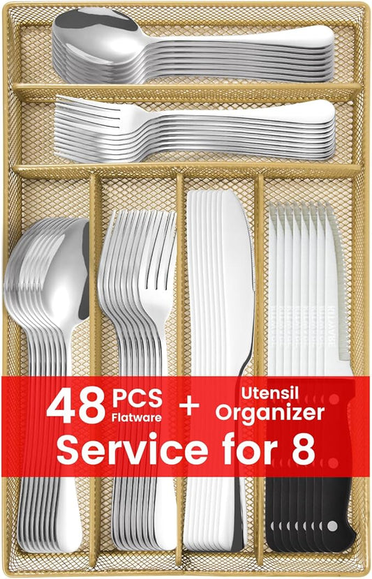 48 pieces Silverware with orgainzer, KITWARE Flatware for 8, Stainless Steel Utensil with metal tray, Home & Kitchen Mirror Polish Cutlery, Dishwasher Safe