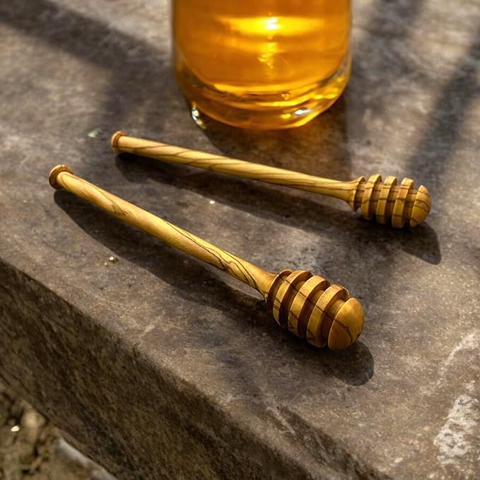 Set of 2 Olive Wood Honey Dippers, 7 Inch – Handcrafted Natural Wooden Honey Server – Food Safe