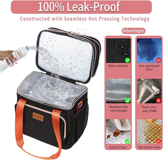 GLENKEY Expandable Insulated Lunch Box for Women Men, Double Deck Large Lunch Bag Tote Leakproof Lunch Cooler with Shoulder Strap for Adults Work Shift Outdoor Picnic Daytrip, (Black, 16L)