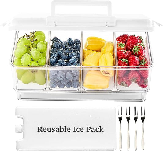 Portable Snackle Box Container with Ice Pack, Cooling Travel Charcuterie Box with Lid, Snack Cooler with Divided Serving Tray, for Outdoor Parties, Picinics (White)