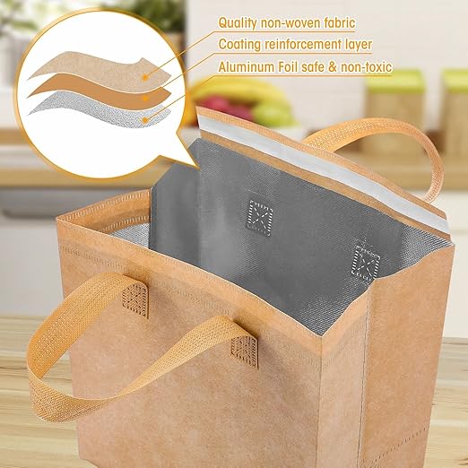 Kacctyen 100 Pcs Insulated Take Out Bags Bulk 9.5 x 6 x 9.5 in Thermal Insulation Food Bag for Coffee, Milk Tea, Hot Cold Food, Delivery Cooler Bag for Catering Restaurant Grocery Picnic (Kraft Color)