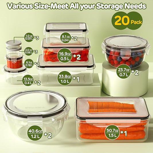 40-Piece Food Storage Containers with Lids(20 Containers & 20 Lids), Plastic Food Containers for Pantry & Kitchen Storage and Organization, BPA-Free, Leak Proof, Reusable with Labels & Pen