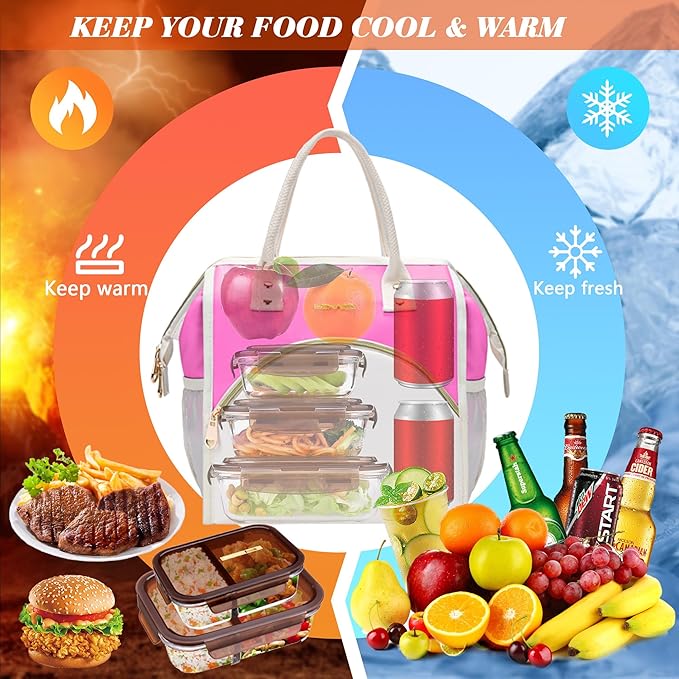 LOKASS Lunch Bag Women Insulated Lunch Box, Wide-Open Lunch Tote Bag Leak-proof Cooler Bag for Work Picnic-（Neon Pink）