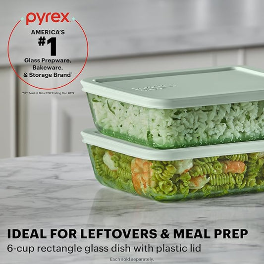 Pyrex Colors (6 Cup) Tinted Glass Large Rectangular Food Storage Container, Snug Fit Non-Toxic Plastic BPA-Free Lids, Freezer Dishwasher Microwave Safe, Green