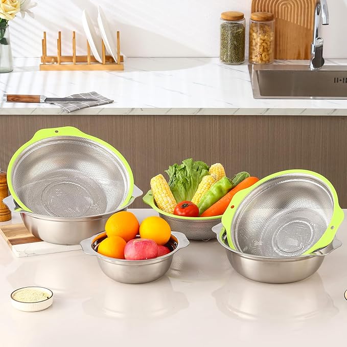 Colander Stainless Steel Microporous, 5QT Large Capacity Rice Washer with Mixing Bowl, 12.5’’Rice Strainer Bowl Set with Handle, Food-Grade Strainers and Colanders for Washing Rice, Pasta