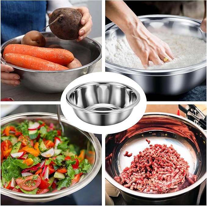 2 Pack Large Mixing Bowl Oversized All Purpose 304 Stainless Steel Polished Mirror Flat Base Metal Bowl for Home or Commercial Prepping Baking Mixing Marinating(8qt)
