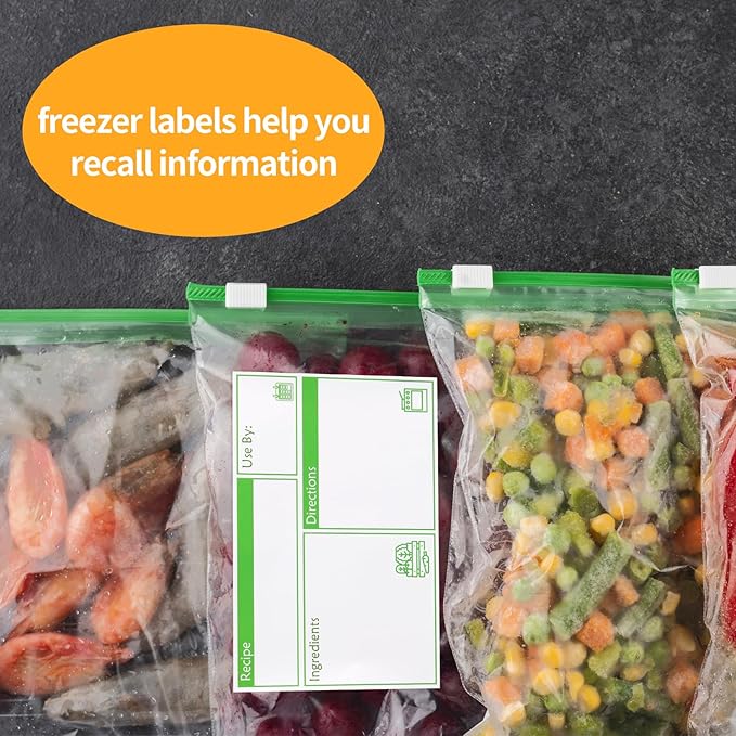 100pcs Labels for Freezer Bags Freezer Meal Labels with Instructions 3.2 X 5 inch Oil and Water Resistant Labels Food Labels for Freezer Storage for Leftovers in Fridge Freezer (Green)