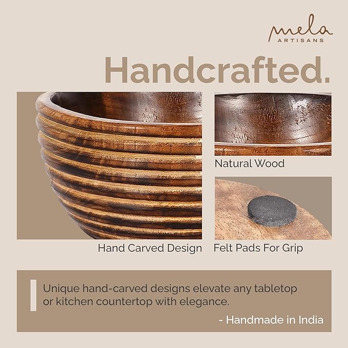 Mela Artisans 9'' Wooden Fruit Bowl, Regular Serving Bowl for Salads, Cereals, Snacks & Mixing | Decorative Bowls for Kitchen | Darma Valley Collection