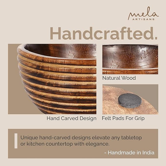 Mela Artisans 9'' Wooden Fruit Bowl, Regular Serving Bowl for Salads, Cereals, Snacks & Mixing | Decorative Bowls for Kitchen | Darma Valley Collection