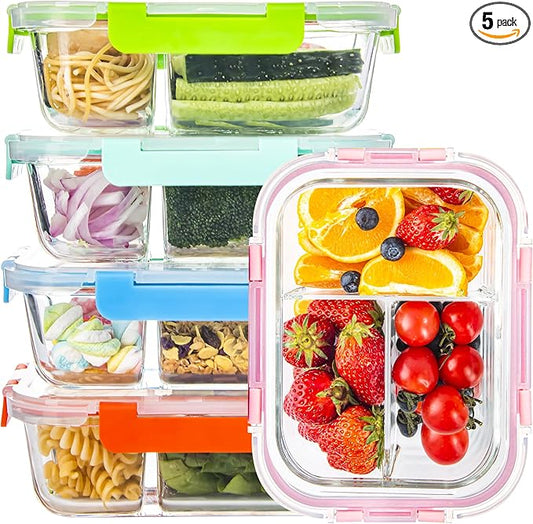 Glass Food Storage Containers 3 Compartment with Lids (5 Pack, 34oz), Divided Glass Meal Prep Containers for Lunch at Work, Leak-Proof Portion Control Food Containers, Microwave/Dishwasher Safe