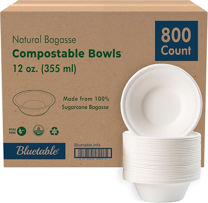 Paper Bowls Disposable Bowls Compostable [800 Pack] Bulk 12 oz Biodegradable Bowl - Case Pack Good For Hot Soup Chili - Made from 100% Sugarcane, Eco Friendly Bagasse Bowls Natural [800 Pack/Case]