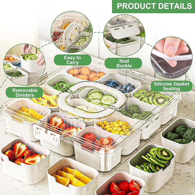 Divided Serving Tray with Lid and Handle, Portable Snack Box, 12 Compartments Veggie Fruit Tray, Charcuterie Platter Snackle Box Container for Party, Nuts, Snacks, Entertaining, Picnic, 2 Pack