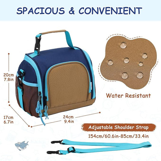 VASCHY Lunch Bag for Kids, Boys Cute Reusable Insulated Large Lunch Box Container for Daycare School Kindergarten Preschool Brown Navy
