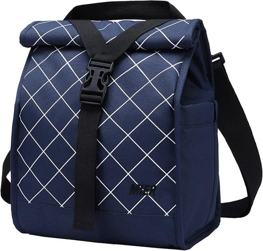 MIER Insulated Lunch Bag Roll Top Lunchbox for Women Men Adults Foldable Rolltop Lunch Tote with Shoulder Strap for Work Office Picnic, Water Bottle Holder, Blue