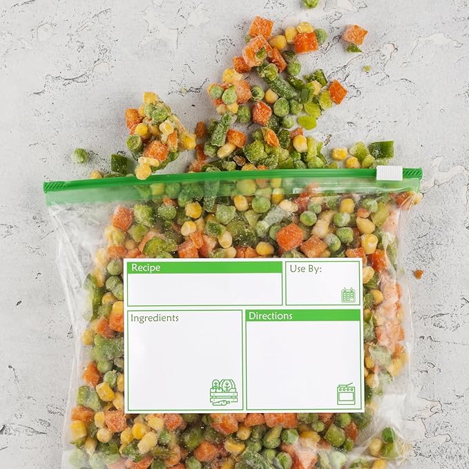 100pcs Labels for Freezer Bags Freezer Meal Labels with Instructions 3.2 X 5 inch Oil and Water Resistant Labels Food Labels for Freezer Storage for Leftovers in Fridge Freezer (Green)