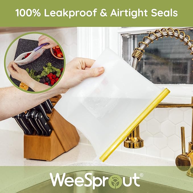 WeeSprout 100% Silicone Reusable Food Storage Bags - Set of 6 Leakproof & Airtight Pouches (Two 6 Cup, Two 4 Cup, and Two 2 Cup), Freezer, Microwave, & Dishwasher Friendly, for Lunches and Snacks