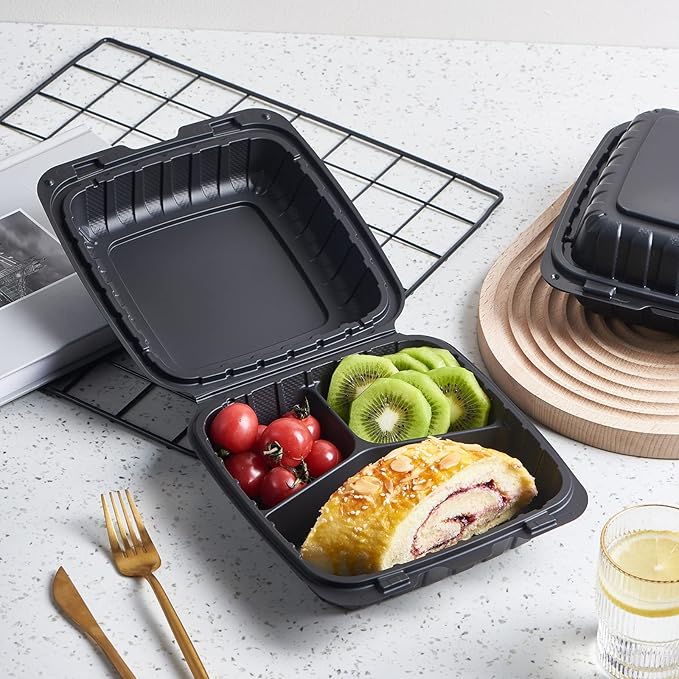 8X8 3-Compartment 50-Pack Plastic Clamshell Takeout Food Trays Heavy Duty Togo Disposable Box Carryout Meal Prep Packaging Catering Hinged Containers With Secure Snap Lid (Formerly FULING)