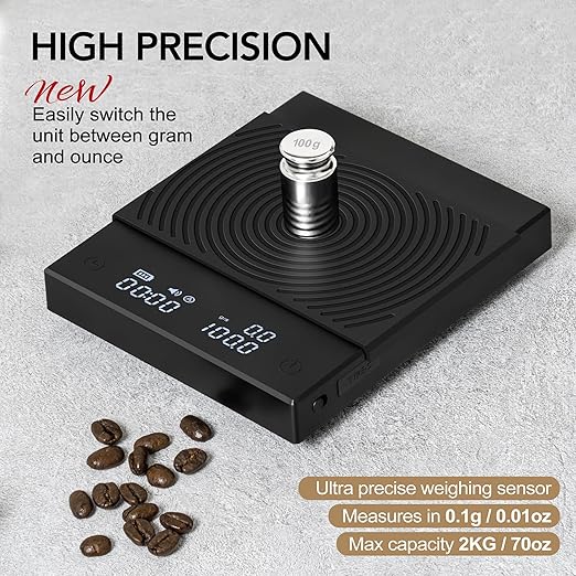 TIMEMORE Coffee Scale with Timer, Digital Scale Grams and Oz - 2kg/70oz, Pour Over Drip Espresso Scale with Auto Timer Function & Flow Rate, Basic 2.0, Black