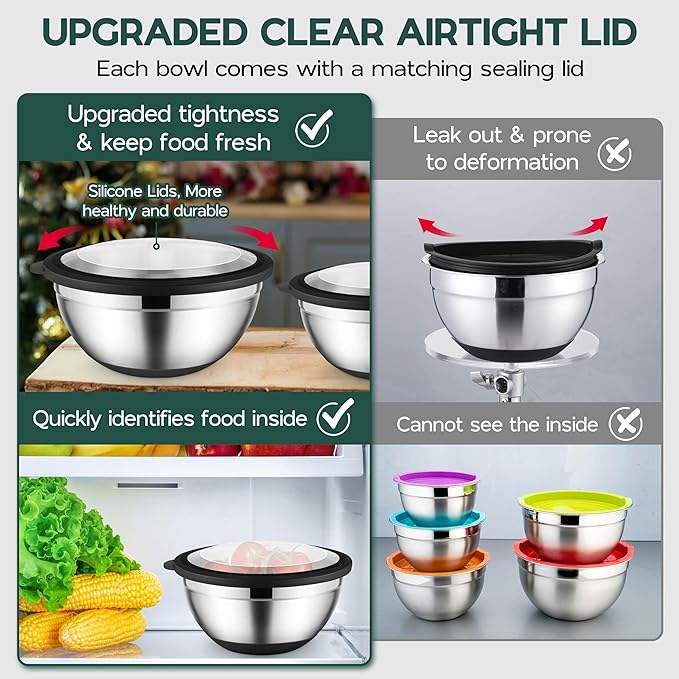 Mixing Bowls with Lids Set of 6 for Kitchen Stainless Steel Metal Nesting Bowls with Non-Slip Bottom Black - Size 1, 1.5, 2, 2.6, 3.5, 7QT