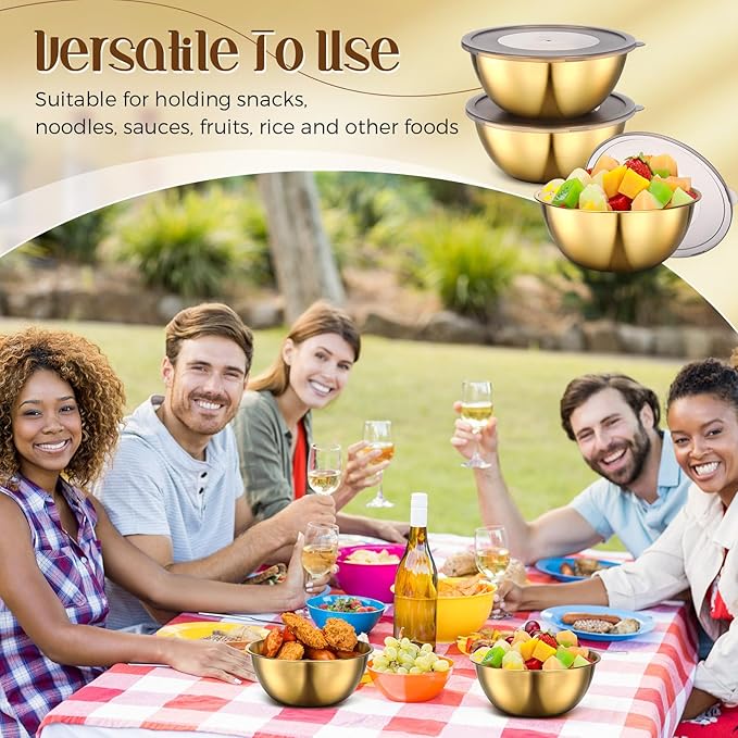 Nuogo 24 Pcs Gold Stainless Steel Mixing Bowls with Airtight Lids 6.7 Inch Gold Esthetician Bowls for Ramadan Serving Facial Salad Fruit Snack Soup Cereal Wedding Party