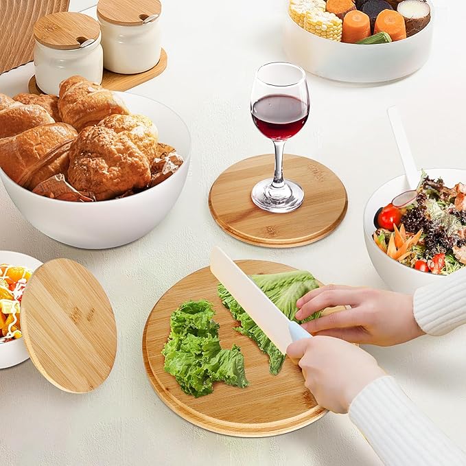 ShineMe Salad Serving Bowls with Lid and Utensils, 10" Bamboo Fiber Large Salad Bowl Set of 3, Kitchen Mixing Bowls for Preparing, Storing and Serving Cereal, Fruit,Chips, Bread