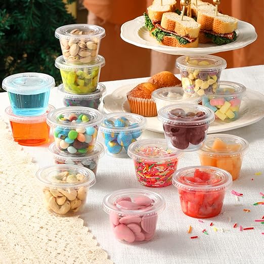 VITEVER [240 Sets - 4 oz ] Portion Cups With Lids, Small Plastic Containers with Lids, Airtight and Stackable Souffle Cups, Jello Shot Cups, Sauce Cups, Condiment Cups for Lunch, Party, Trips