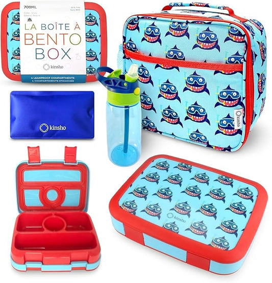 kinsho Bento Lunch Box Insulated Bag, Water Bottle & Ice Pack Set for Kids Toddlers, 4 Portion Sections, Removable Tray, PreSchool Kid Toddler Daycare Lunches, Snack Container, Blue Shark