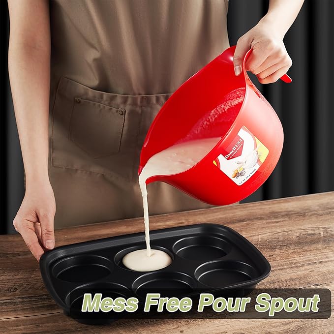 2 Pcs Large Mixing Bowls with Handles, 3.6 qt - Plastic Nesting Bowls for Kitchen, Lightweight Batter Bowls, Easy to Clean, White & Red