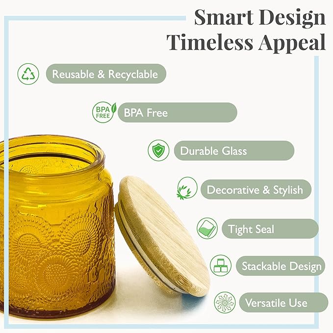 Decorative Glass Jars With Lids, 12 oz Small Vintage Food Storage Canning Jar With Airtight Bamboo Lid and Labels, For Spices Candle Making Apothecary Kitchen Bathroom (Amber, 8 pack)