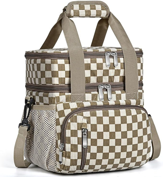 Lunch Box for Women, Double Insulated Lunch Bag Reusable Leakproof Cooler Bag Portable Picnic Food Bag, Adult Lunch Tote Lunch Bag for Work, Office, Travel, Beach - Corduroy Khaki Grid