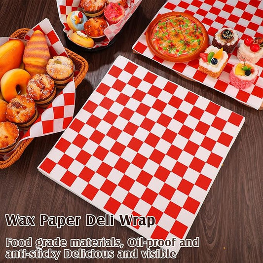 Honeydak 600 Pcs Sandwich Wrapping Paper Sheet 15x15 Checkered Food Wax Sheets Parchment Paper Basket Liner Grease Restaurant Wedding Party Supplies for Wrapping Bread Burgers(Red)