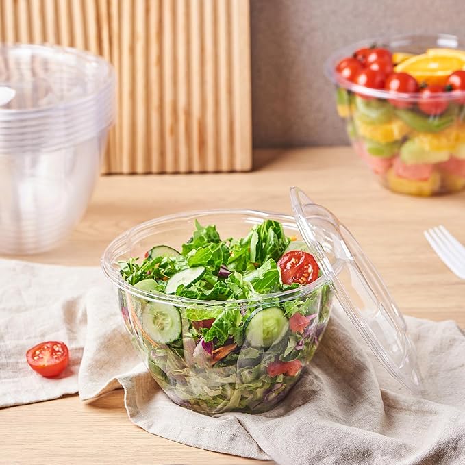 FULING 48 oz. 150 Sets Clear Plastic Salad Bowls with Airtight Lids Disposable To Go Mixing Containers Serving for Fruit, Quinoa, Lunch and Meal Prep