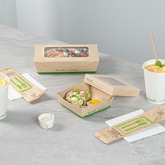 Restaurantware-13 Ounce Sturdy Paper Take Out Boxes, 200 Disposable Take Out Food Containers - With PLA lining, Paper Lid With Clear PLA Window, Bamboo Paper Containers, Compostable, Greaseproof