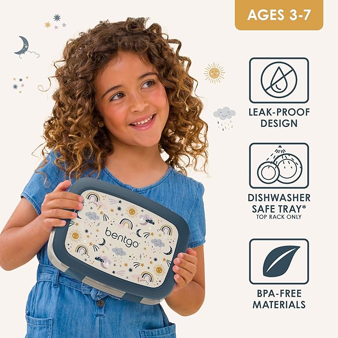 Bentgo Kids Prints Leak-Proof, 5-Compartment Bento-Style Kids Lunch Box - Ideal Portion Sizes for Ages 3-7, Durable, Drop-Proof, Dishwasher Safe, & Made with BPA-Free Materials (Friendly Skies)