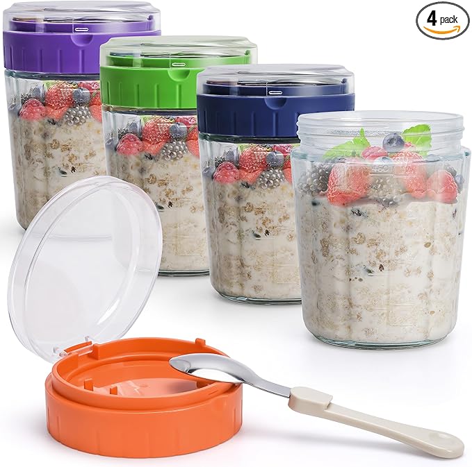 Overnight Oats Containers with Lid and Spoon - 16oz Glass Mason Jars for Meal Prep, Yogurt,Pudding- Set of 4