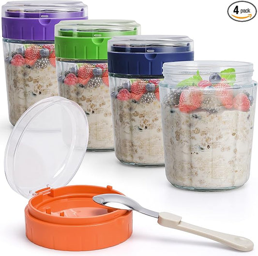 Overnight Oats Containers with Lid and Spoon - 16oz Glass Mason Jars for Meal Prep, Yogurt,Pudding- Set of 4