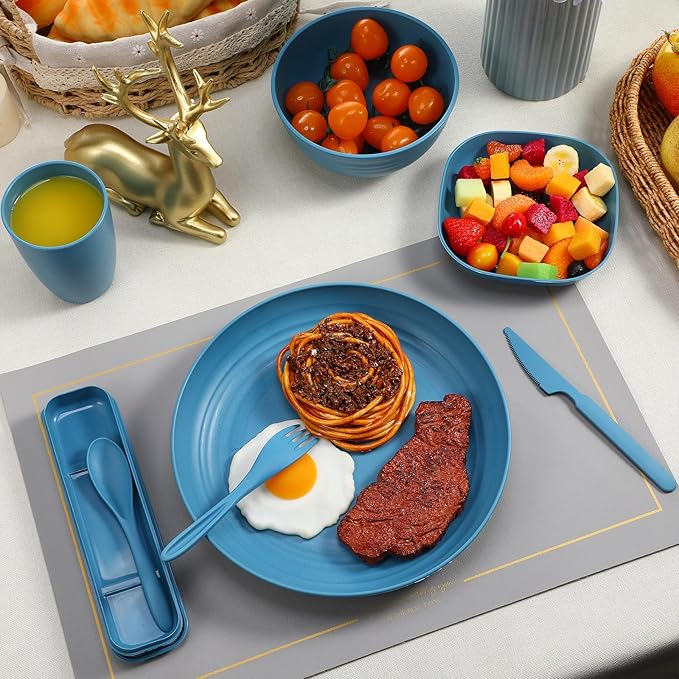 Layhit 48 Pcs Wheat Straw Dinnerware Set for 6 Unbreakable Microwave Safe Utensils Plastic Reusable Plates Bowls Cups Knives Forks Spoons Blue White Cutlery for Dinner Dessert Camping Picnic Travel