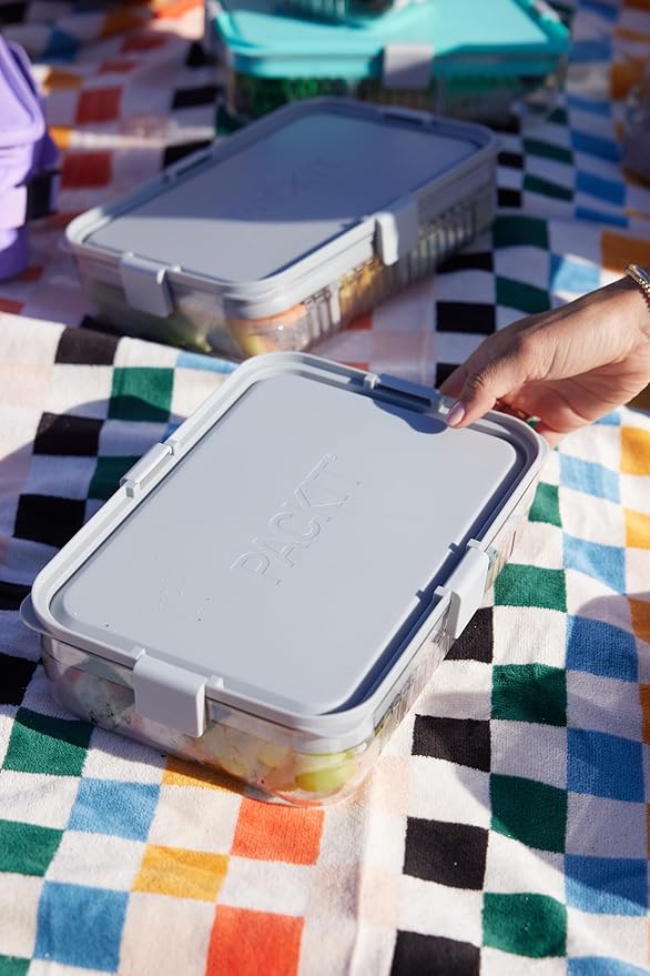PackIt Mod Large Bento Food Storage Container, Steel Gray, Shatterproof Crystal Clear Base, with Leak-resistant Dividers, Lid, Microwavable, Dishwasher Safe, Designed for Storing Large Meal, Leftovers