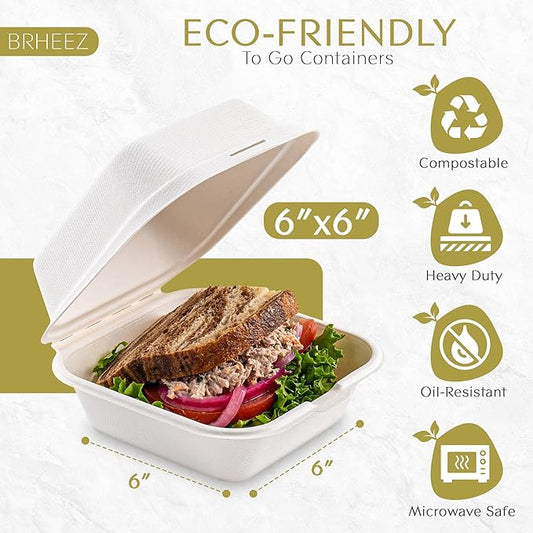 brheez Disposable Clamshell To Go Containers - Bagasse Fiber Biodegradable Containers with Lids for Takeout, Parties, & Holidays - Pack of 50 Chemical-Free, 1-Compartment Boxes, 6"x6", White