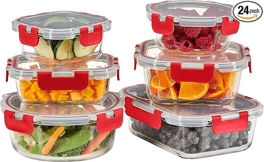 FineDine 12 Piece Glass Storage Containers with Lids - Leak Proof, Dishwasher Safe Glass Food Storage Containers for Meal Prep or Leftovers, Red