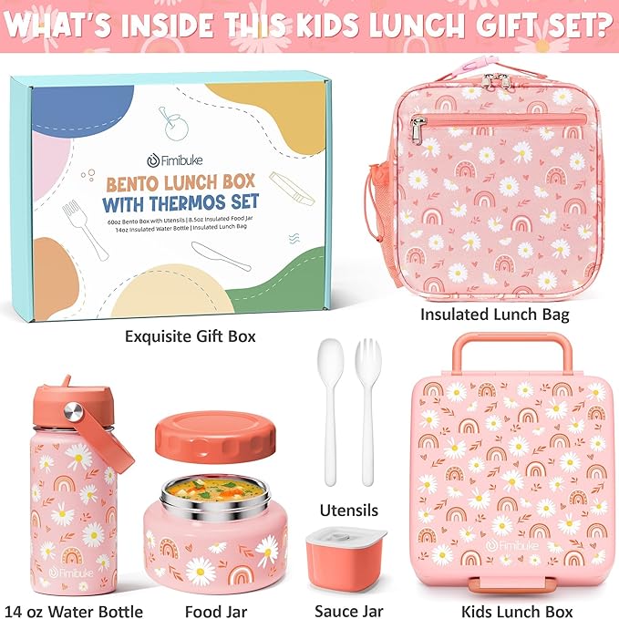 Fimibuke Bento Box for Kids Adult - Leakproof 3-4 Compartments Lunch Bento Box Set with Insulated Thermos Food Jar, Water Bottle, Lunch Bag, Sauce Cup & Cutlery for Toddler Teen Shcool Girl Boy Age 3+