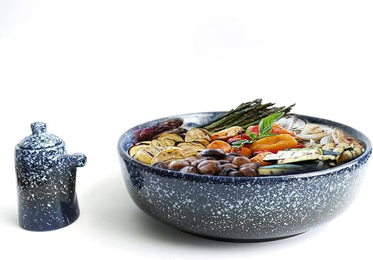 Extra Large Salad Serving Bowl, 11 inch. Big Ceramic Navy Dark Blue Pasta bowl Plus Oil Bottle. 95 oz. Beautiful And Elegant Huge Design. Giant Mixing and Fruit Bowls