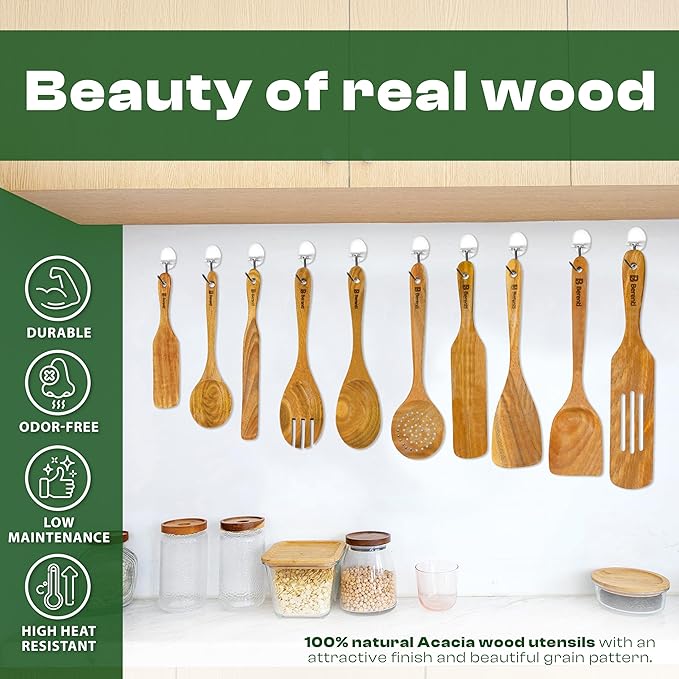 10 Pcs Wooden Spurtle Set - Safe for Nonstick Cookware - Stirs Like a Spoon, Flips Like A Spatula - 100% Natural Acacia Wood Cooking Utensils Set - Spurtles Kitchen Tools Wooden As Seen On TV Paddle