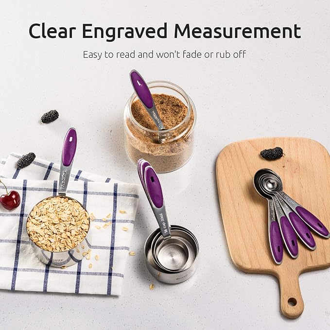U-Taste 600°F Heat Resistant Silicone Kitchen Tongs, 18/8 Stainless Steel Measuring Cup and Spoon Set of 10, Stainless Steel Offset Icing Spatula Set (Purple)