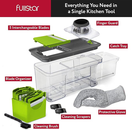 Fullstar All-in-1 Vegetable Chopper and Mandoline Slicer for Kitchen - Cheese Grater, French Fry Cutter, Cheese Slicer - Bonus Handheld Spiralizer Included (6 in 1, Gray/Green)
