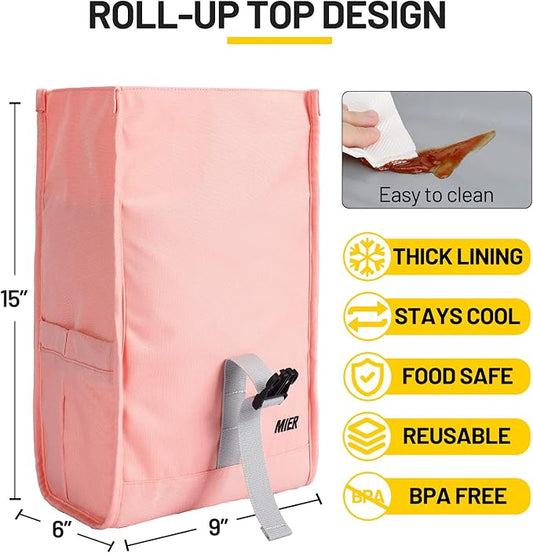 MIER Insulated Lunch Bag Roll Top Lunchbox for Women Men Adults Foldable Rolltop Lunch Tote with Shoulder Strap for Work Office Picnic, Water Bottle Holder, Pink