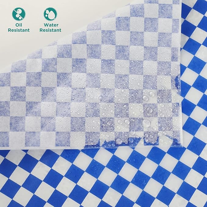 GeeRic Waxed Deli Paper Sheets 12 * 12 Inch, 200 Pcs Food Basket Liners for Sandwiches, Burgers, Checkered Deli Wrap Wax Paper Sheets Blue