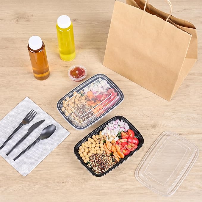 Restaurantware Asporto 24 Ounce Take Out Containers, 50 Food Containers With Lids - Microwavable, Disposable, Black Plastic To Go Food Containers, No BPA, For Take Out And Delivery