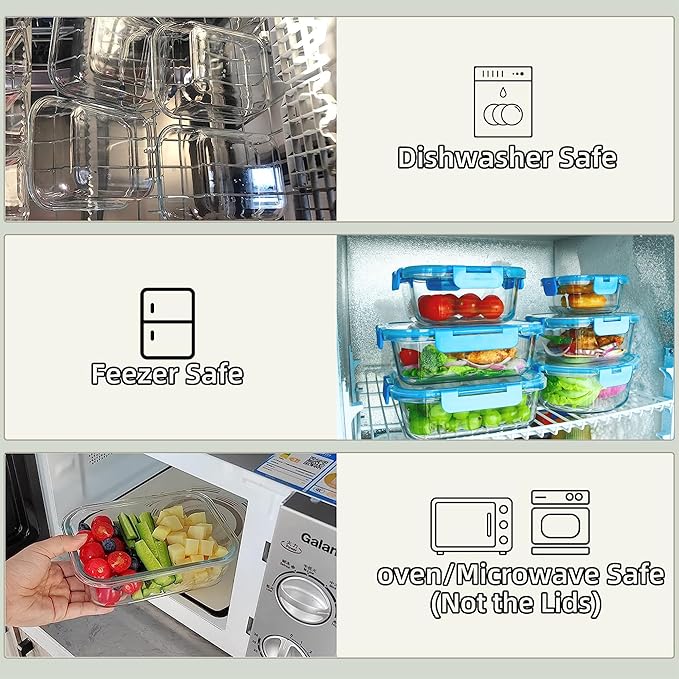 12 Pack Glass Meal Prep Containers with Airtight Lids, Leak-Proof Food Storage Containers, Dishwasher/Microwave/Oven/Freezer Safe Glass Containers for Lunch, Leftovers, to Go (Blue)