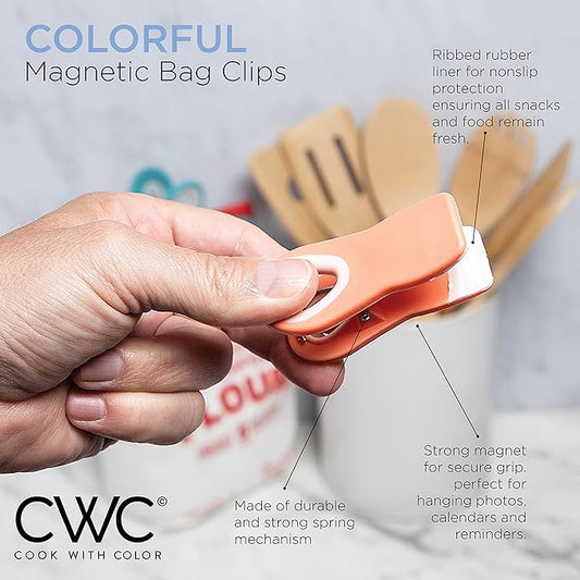 COOK WITH COLOR Bag Clips with Magnet- Food Clips, Chip Clips, Bag Clips for Food Storage with Airtight Seal Grip for Bread Bags, Snack Bags and Food Bags (Bright Colors, Pack of 10)